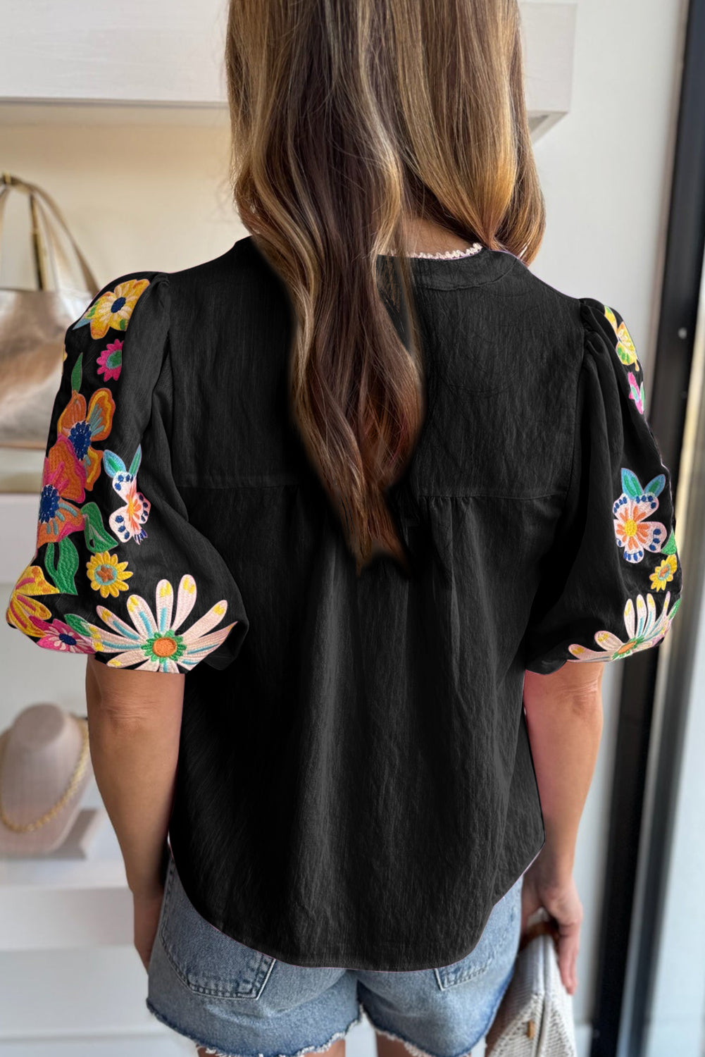 Floral Embroidered Puff Sleeve Split Neck Blouse