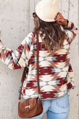 Fiery Red Western Aztec Buttoned Zipper Pockets Fleece Jacket