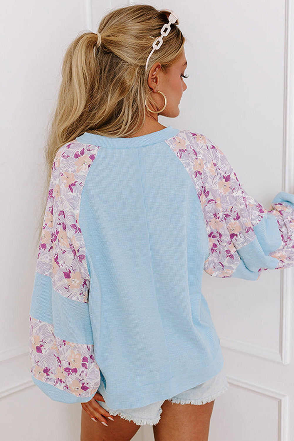 Textured Floral Patchwork Balloon Sleeve Blouse