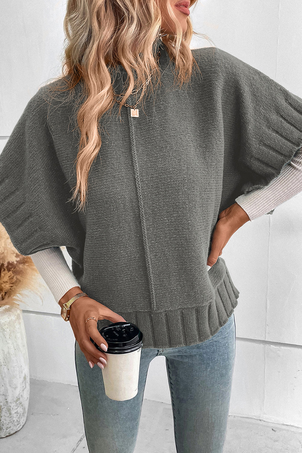 Mock Neck Batwing Short Sleeve Knit Sweater