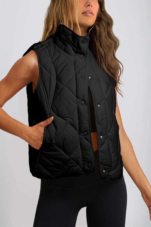 Solid Color Quilted High Neck Button Up Pocket Vest Coat