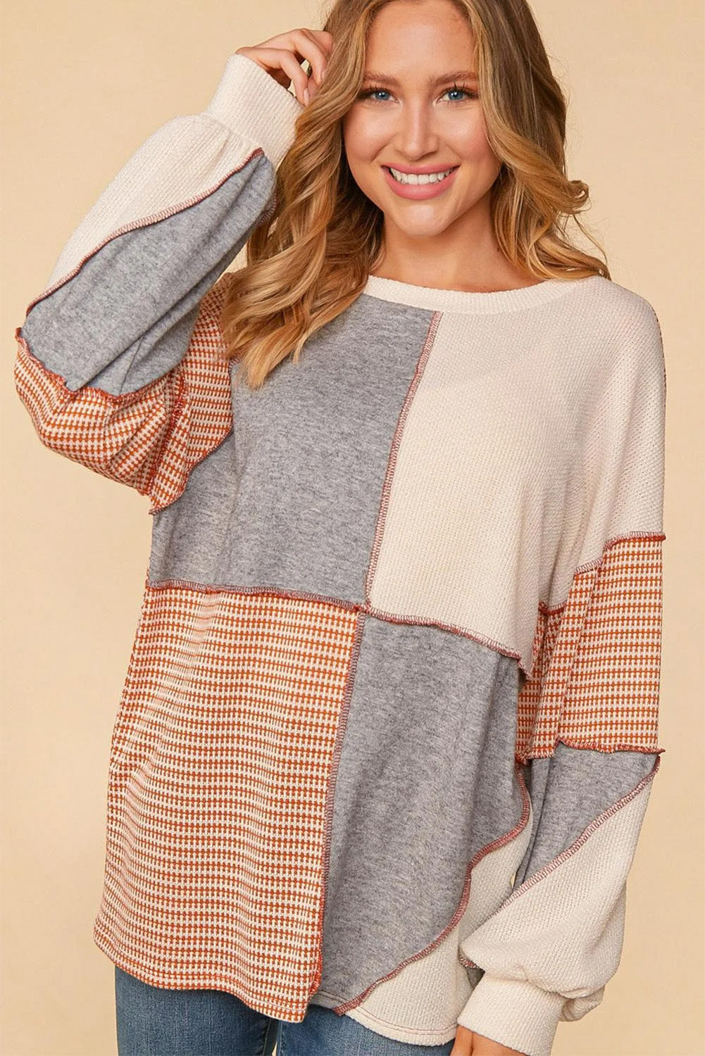 Sandalwood Exposed Seam Colorblock Oversized Knit Top