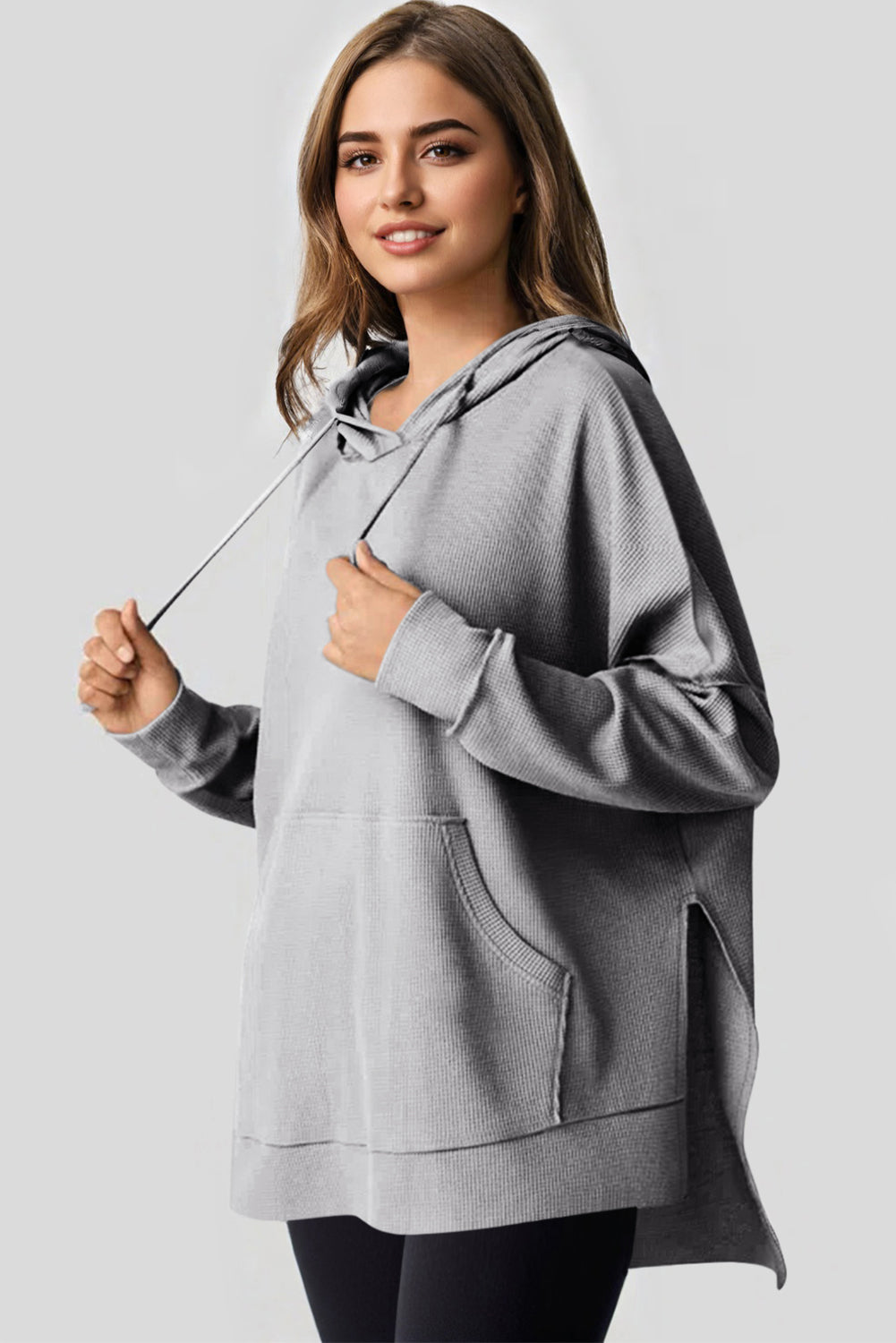 Waffle Knit Fleece Lined High Low Oversized Hoodie