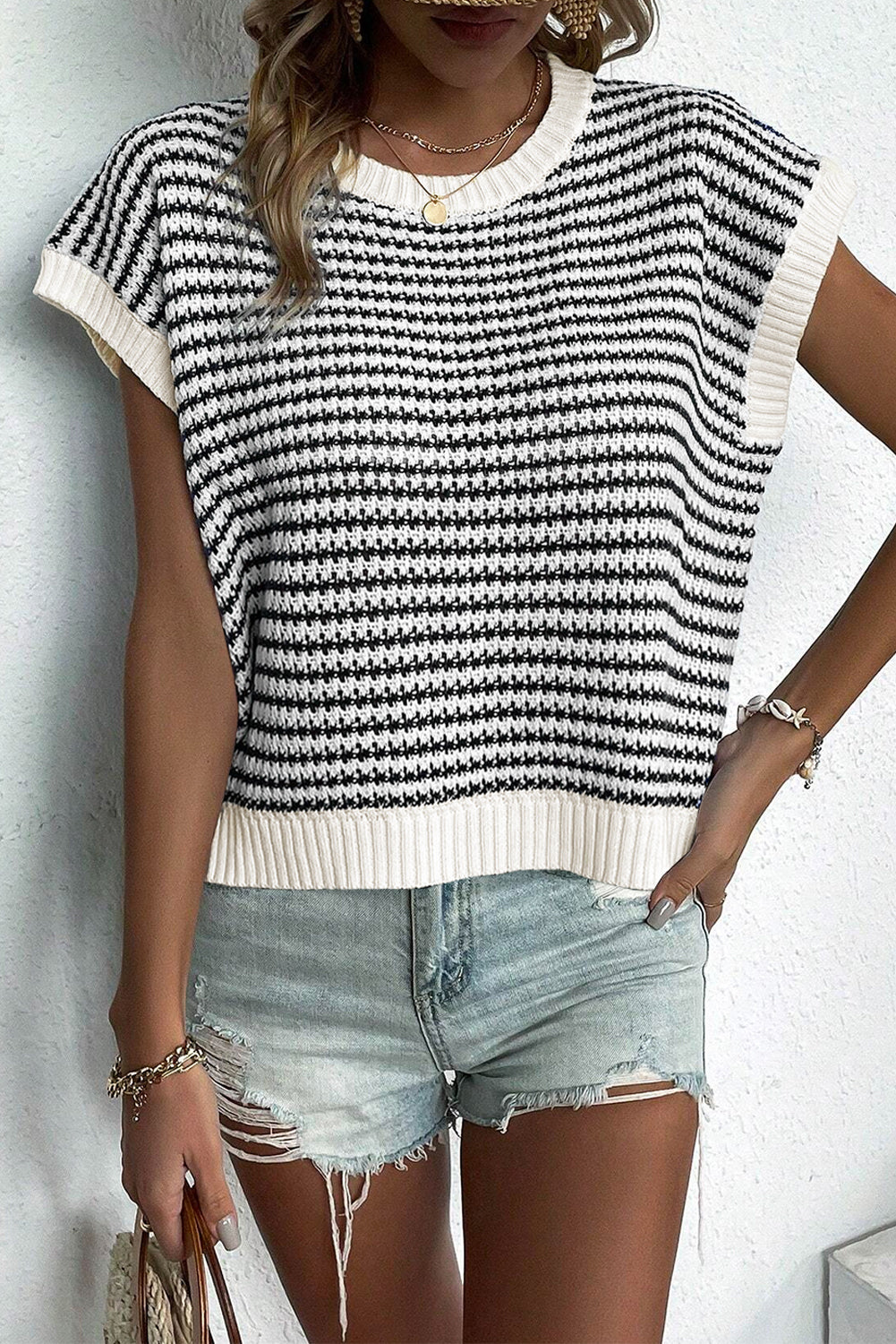 Stripe Ribbed Trim Loose Fit Knitted Sweater Vest