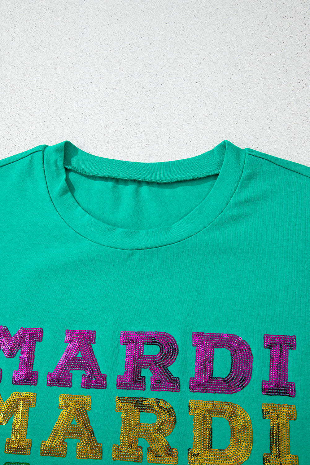 Sea Green Sequin Mardi Gras Letter Graphic T Shirt