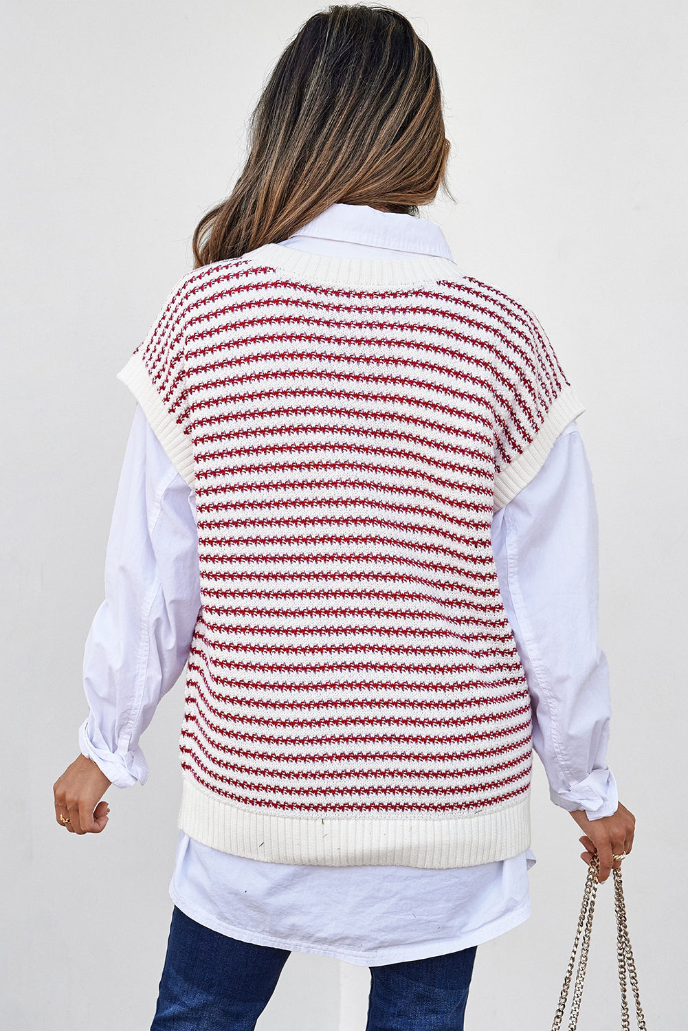 Stripe Ribbed Trim Loose Fit Knitted Sweater Vest