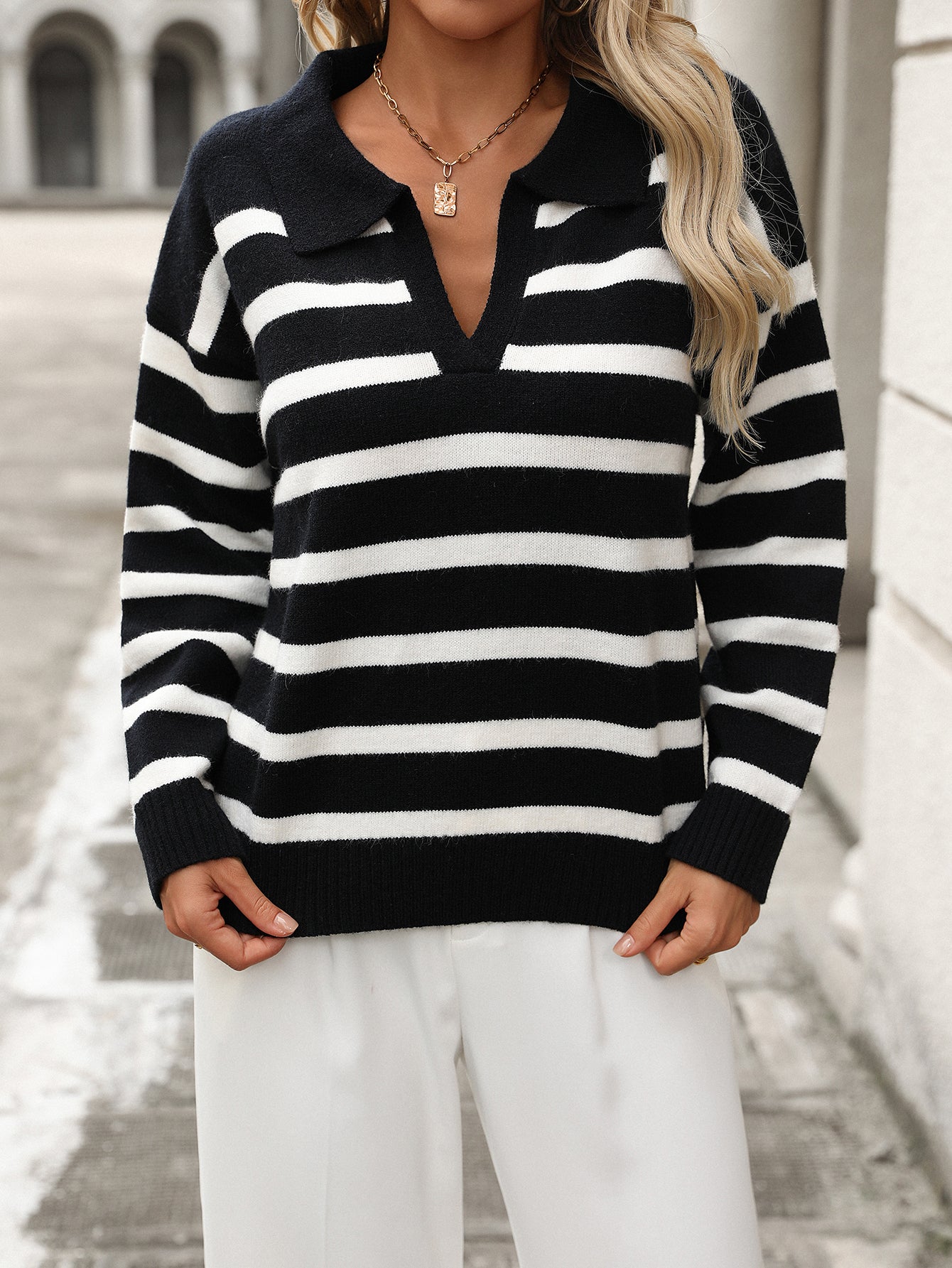 Striped Lapel Loose Plus Size Knitted Sweater Woman