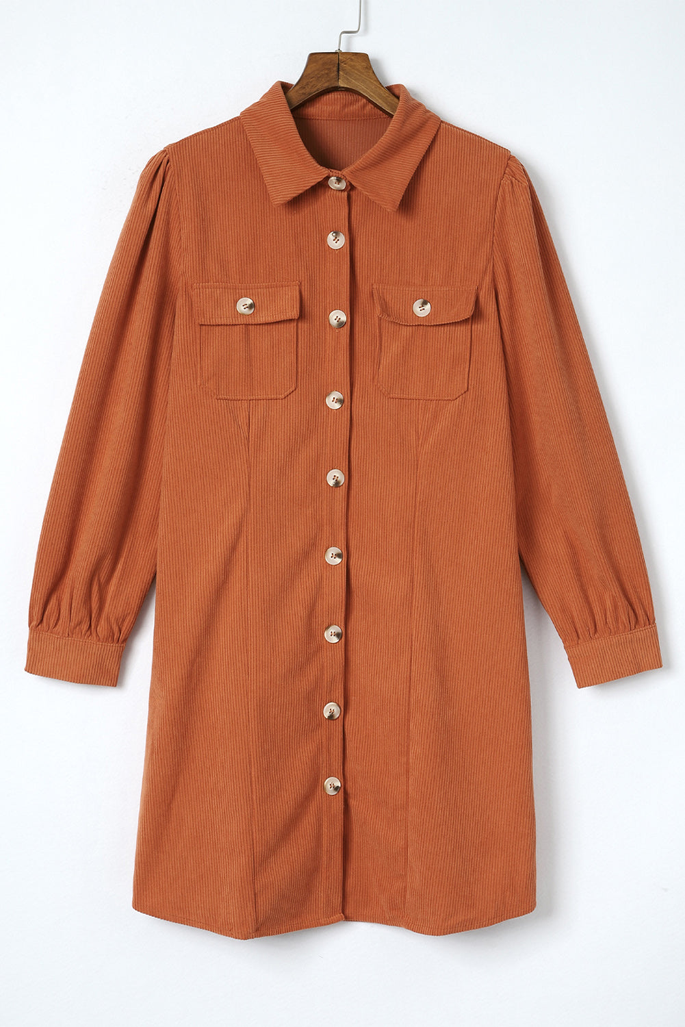 Khaki Corduroy Buttoned 	Long Sleeve Shirt Dress