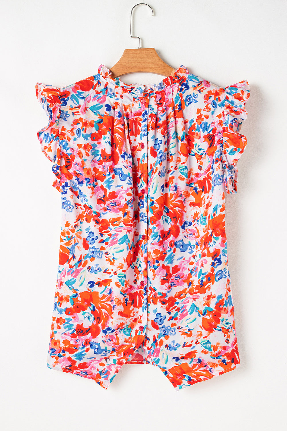 Red Frilled Neck Pleated Boho Floral Tank Top