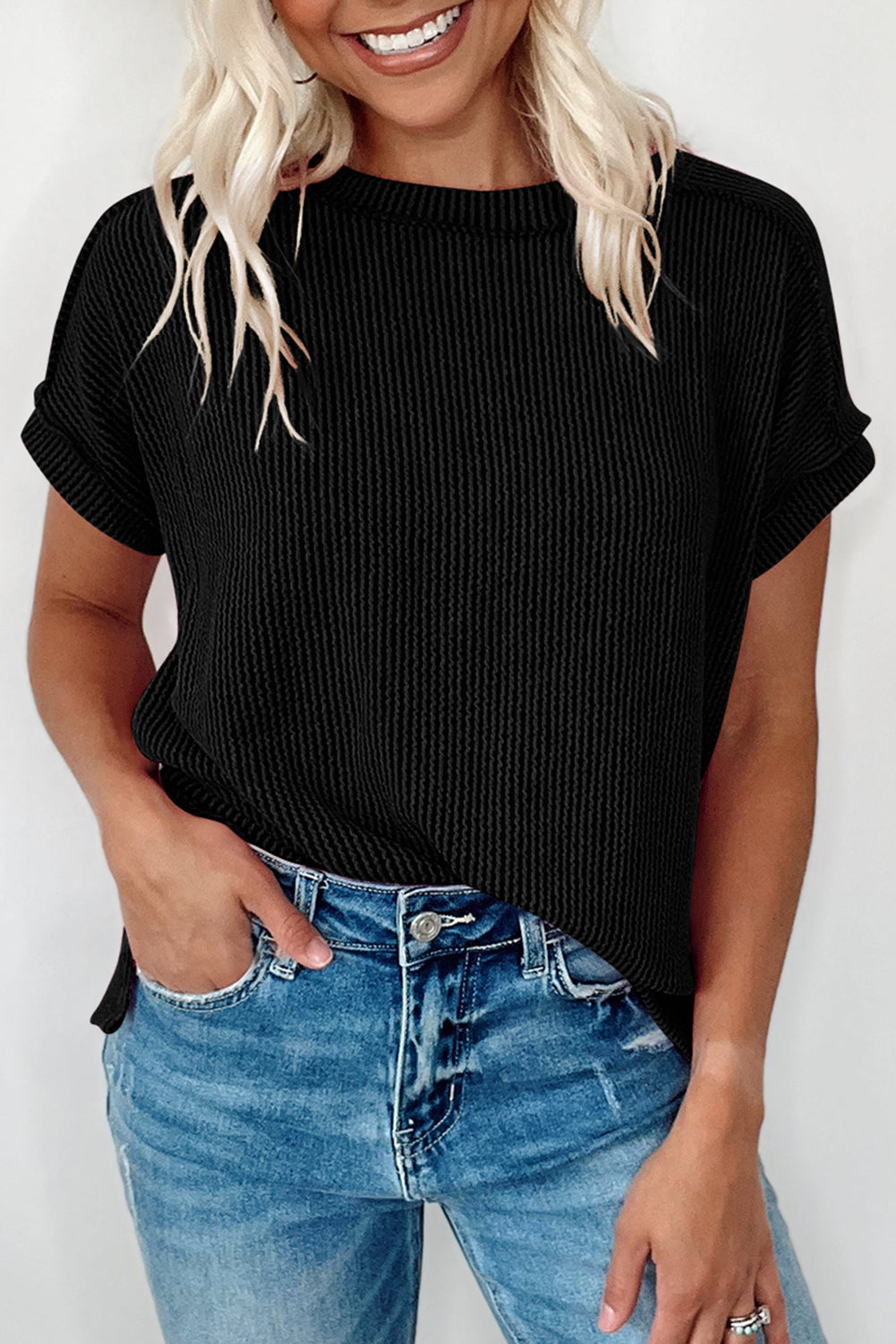 Textured Knit Exposed Stitching T-shirt