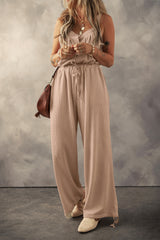 Women's Knotted Straps Button Textured Drawstring Jumpsuit