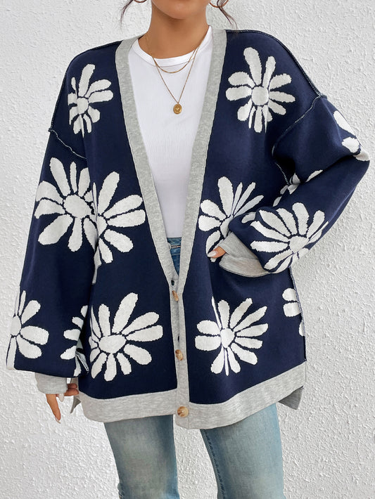 V-neck Printed Commuter Temperament Loose Knitted Cardigan