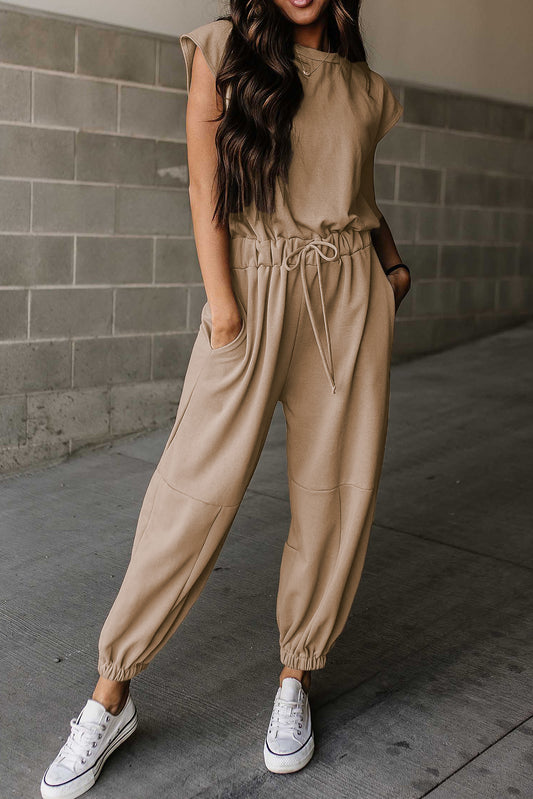 Multicolor Cap Sleeve Open Back Drawstring Jogger Jumpsuit