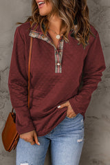 Red Geometric Texture Plaid Trim Sweatshirt