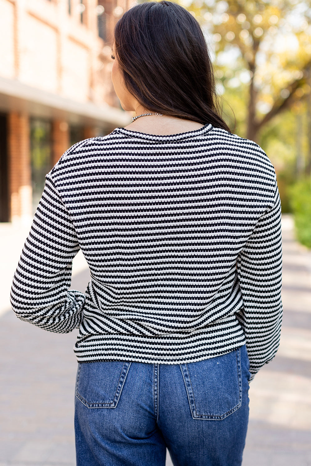 Stripe Round Neck Drop Shoulder Long Sleeve Top