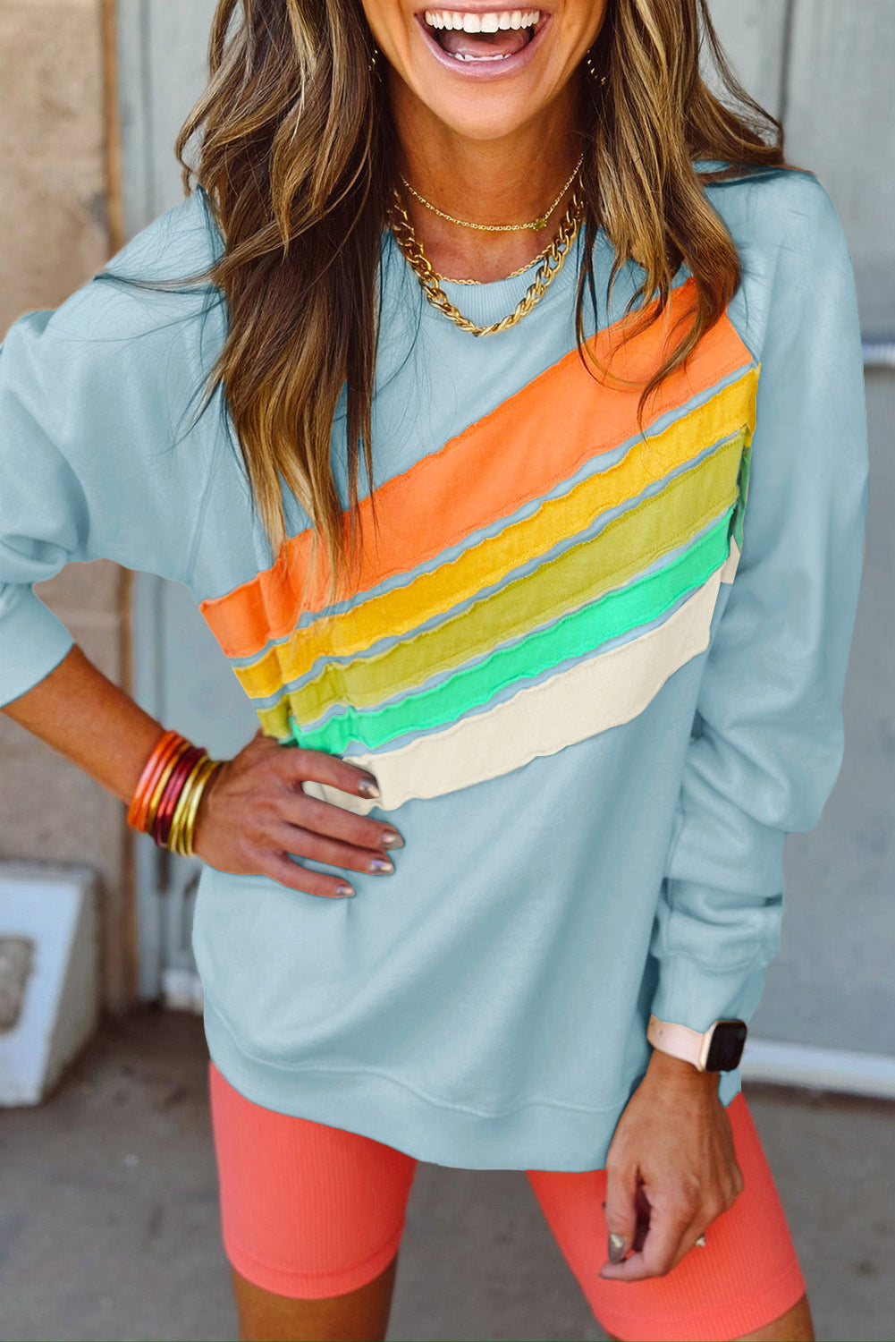 Rainbow Colorblock Striped Pullover Sweatshirt