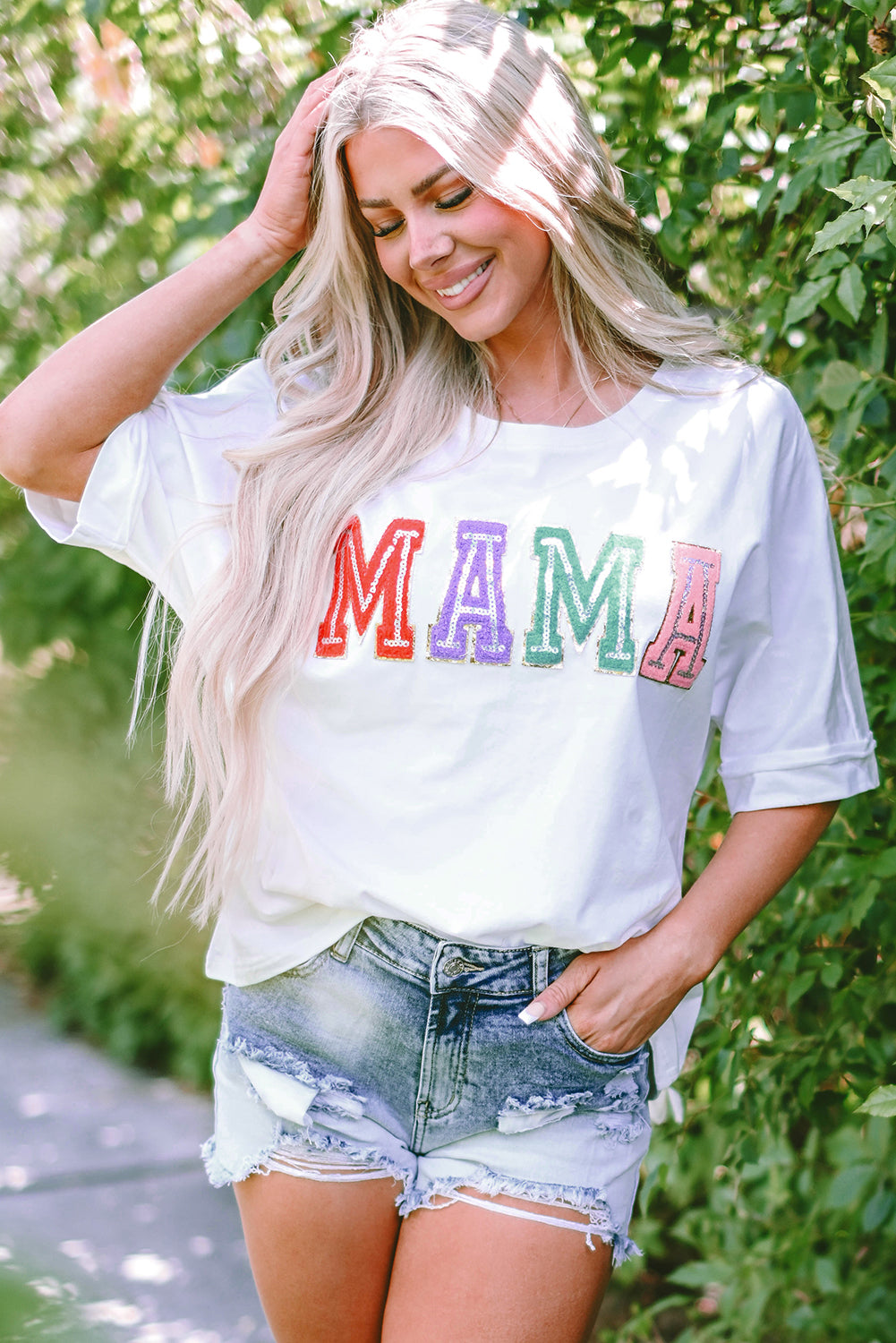 Multicolor MAMA Chenille Patched Crew Neck T Shirt