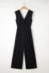 Women's Deep V Pleated Crisscross Wide Leg Backless Jumpsuit