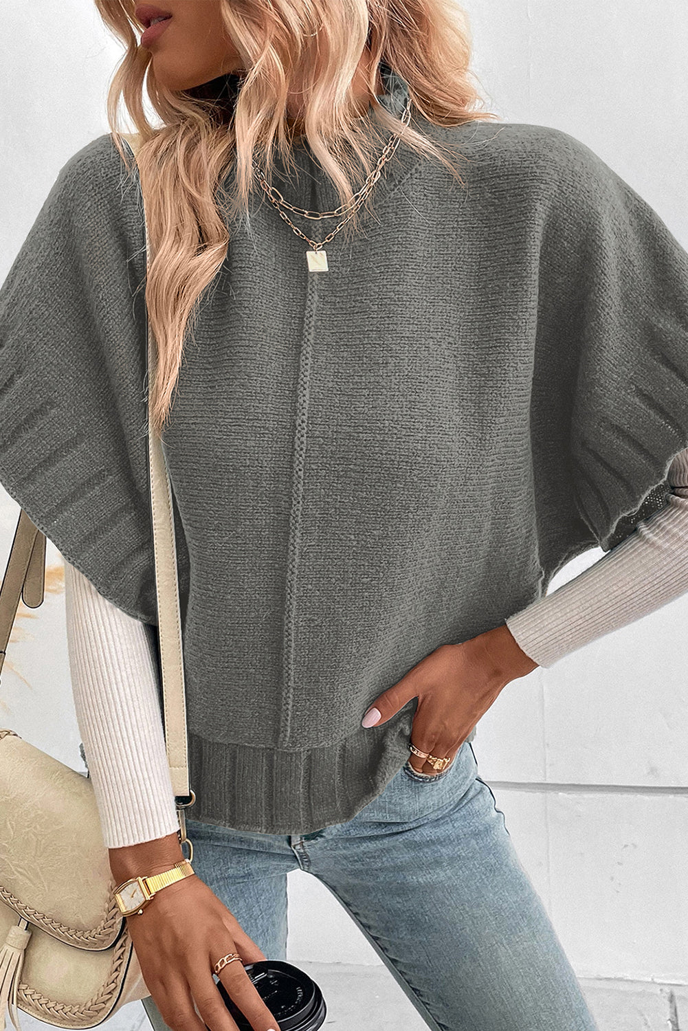 Mock Neck Batwing Short Sleeve Knit Sweater