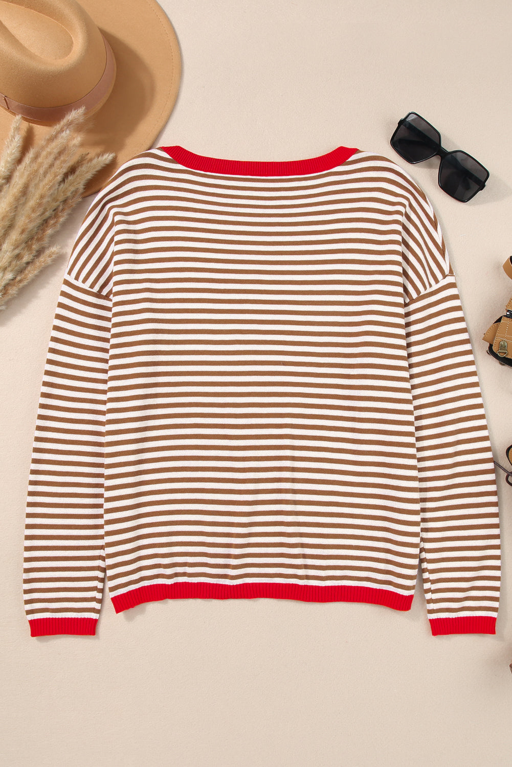 Contrast Trimmed Striped Drop Shoulder Sweater