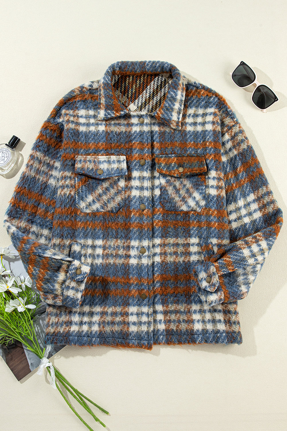 Plaid Print Chest Pockets Turn Down Collar Shacket