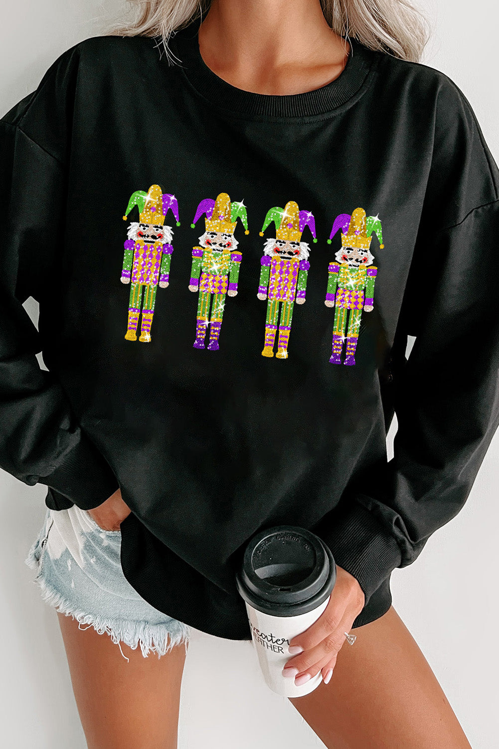 White Glitter Mardi Gras Nutcracker Patch Sweatshirt