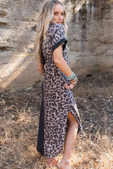 Black Leopard Short Sleeve T-shirt Dress with Slits