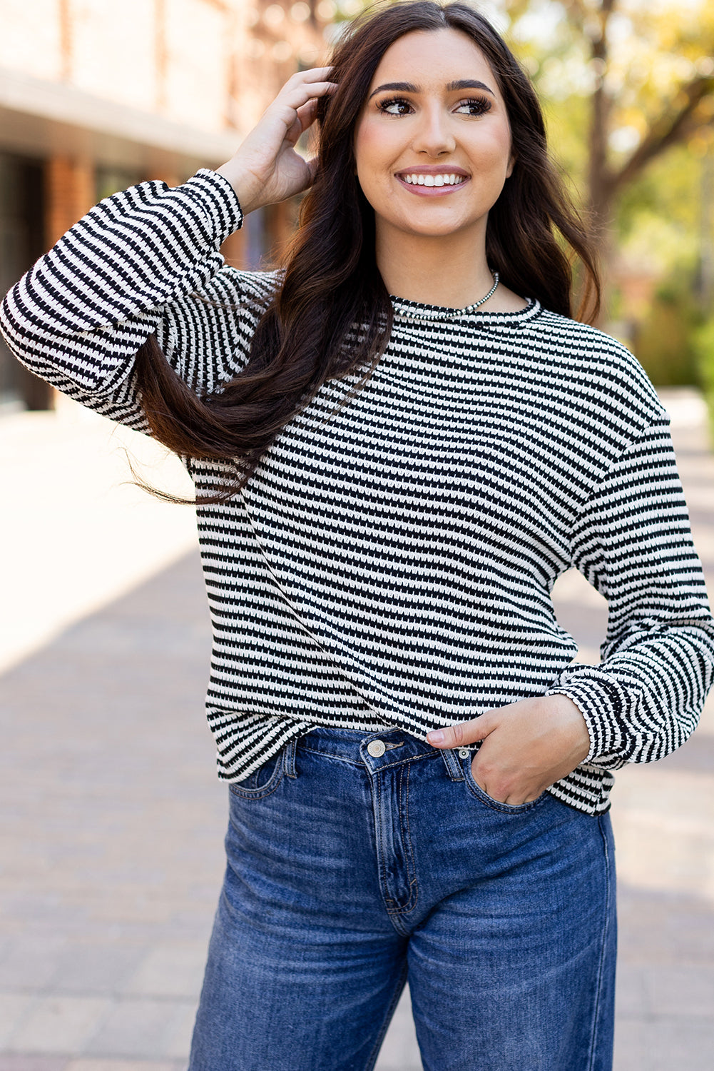 Stripe Round Neck Drop Shoulder Long Sleeve Top