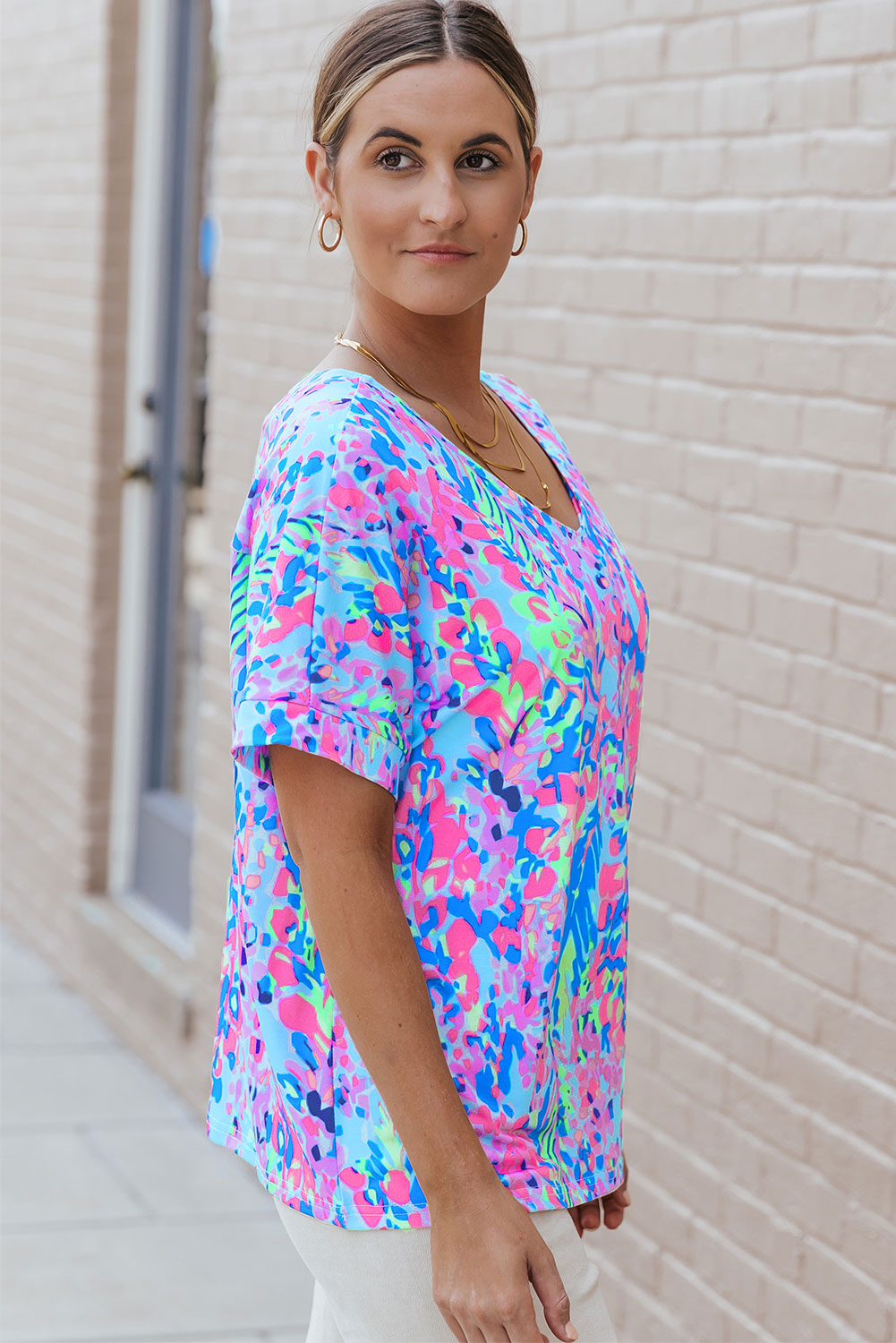 Sky Blue Floral Long Sleeve Top and Drawstring Shorts Set