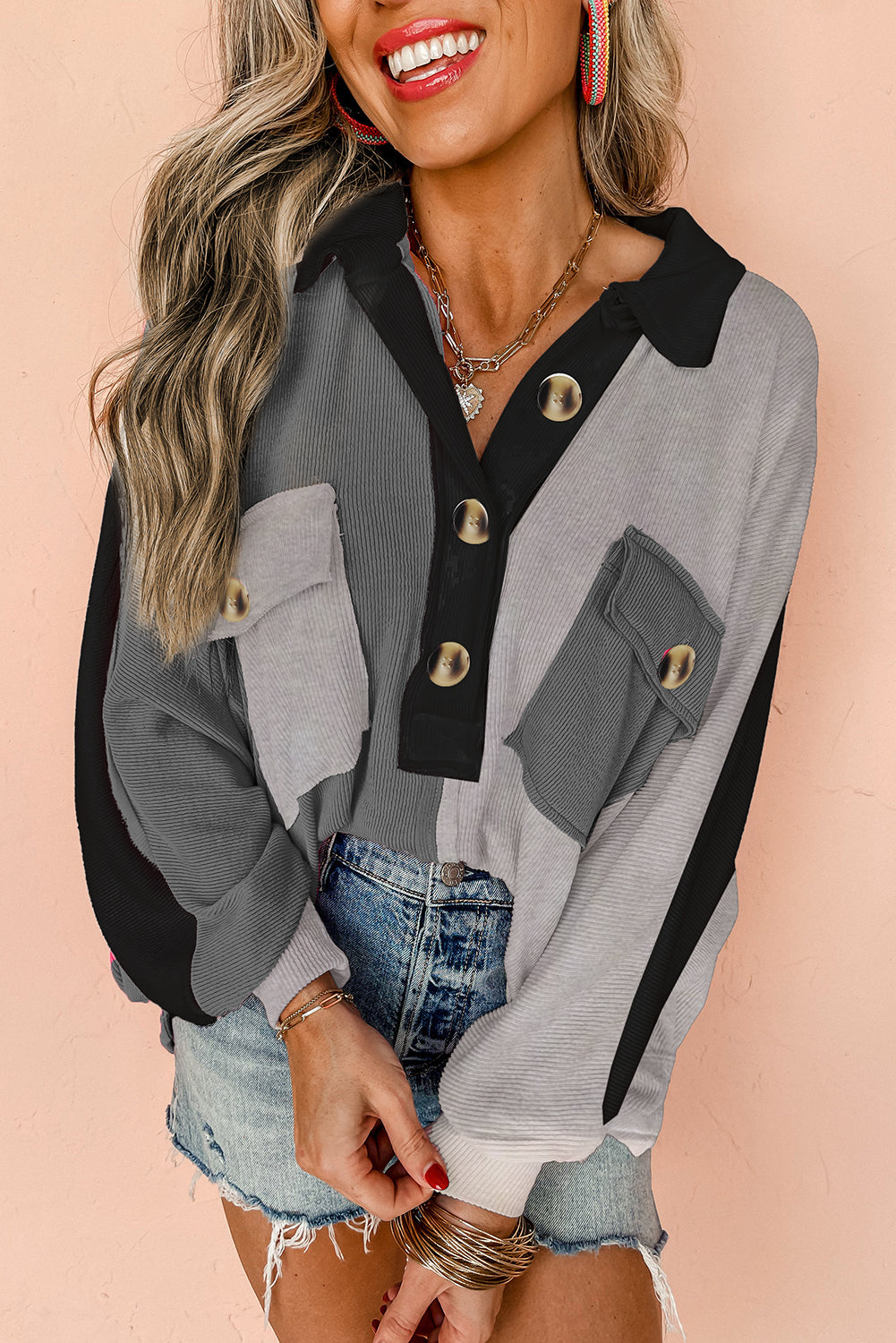 Women's Colorblock Ribbed Collared Oversized Sweatshirt