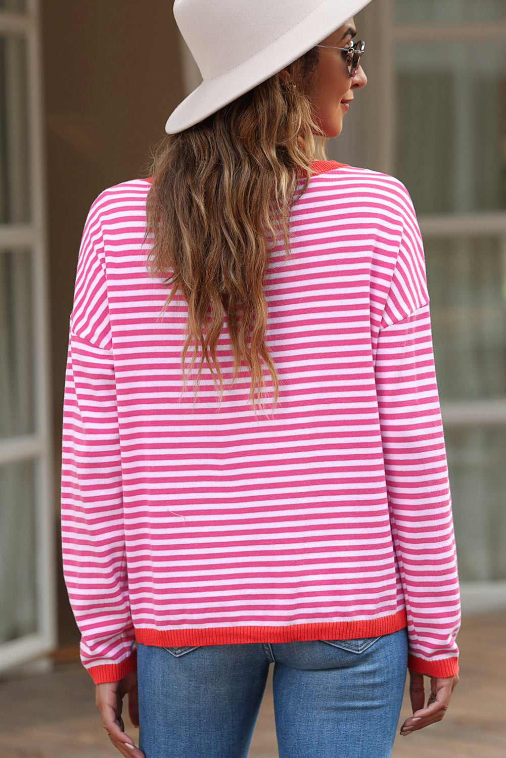 Contrast Trimmed Striped Drop Shoulder Sweater