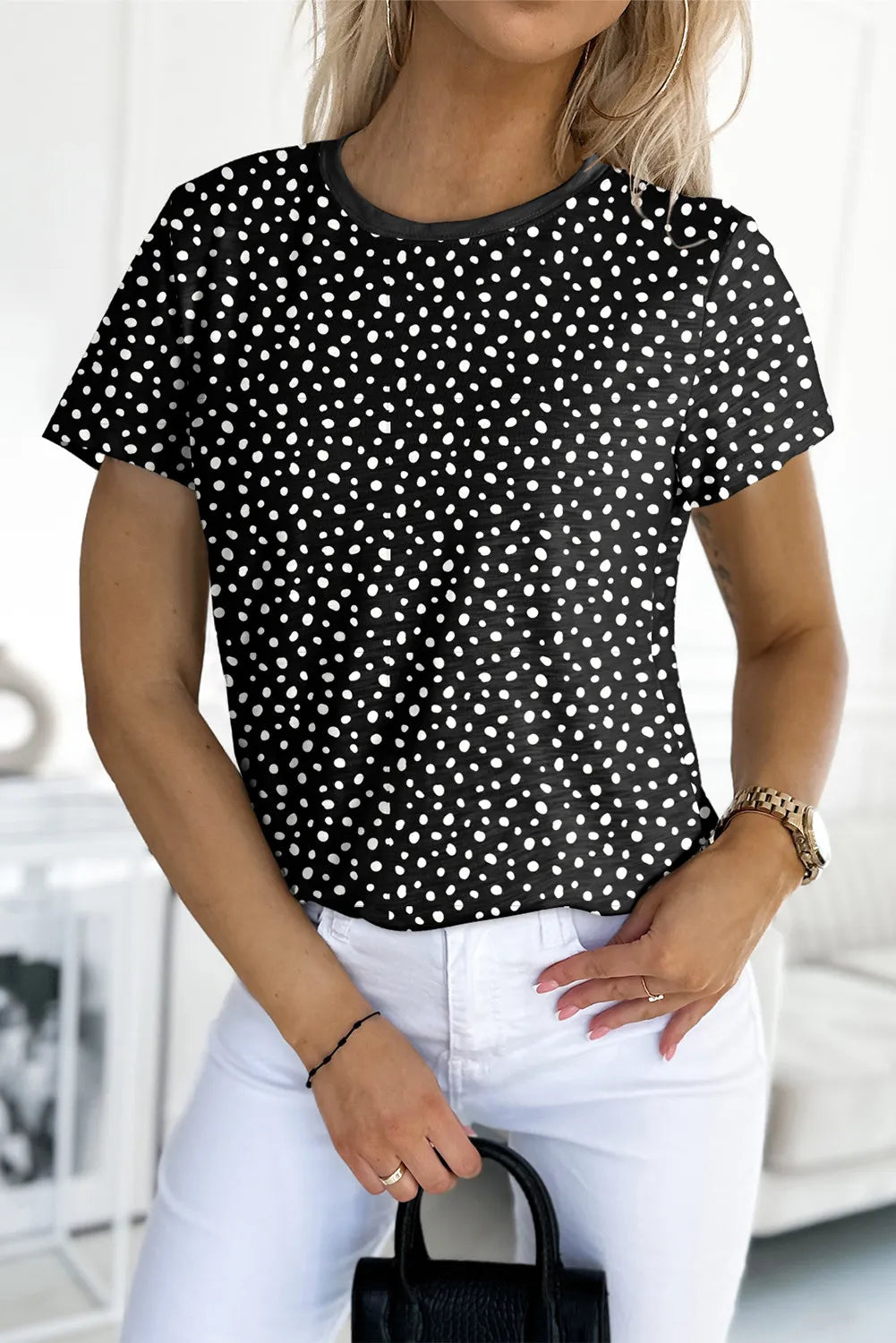 Spotted Print Round Neck Long Sleeve Top