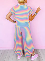 Striped Short Sleeve T-Shirt Wide Leg Pants Discussion Set