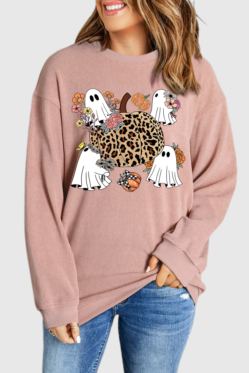 Halloween Ribbed Knit Ghost Pumpkin Crew Neck Pullover Leopard Sweatshirt