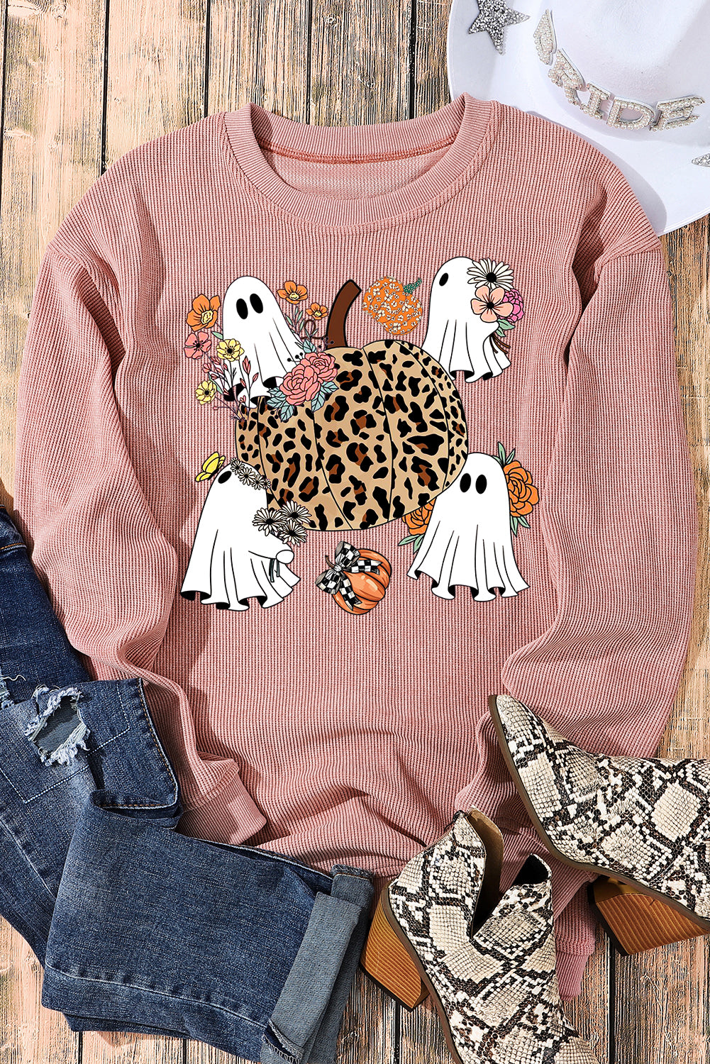 Halloween Ribbed Knit Ghost Pumpkin Crew Neck Pullover Leopard Sweatshirt