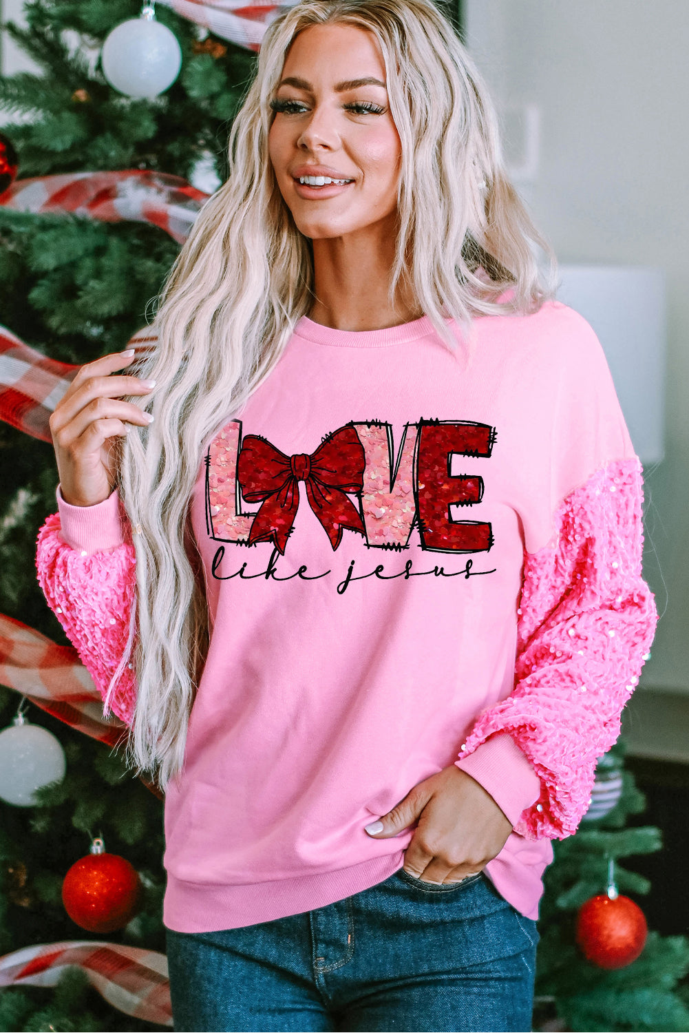 Valentine's Day Pink LOVE Sequin Pullover with Bow Patchwork Sleeves