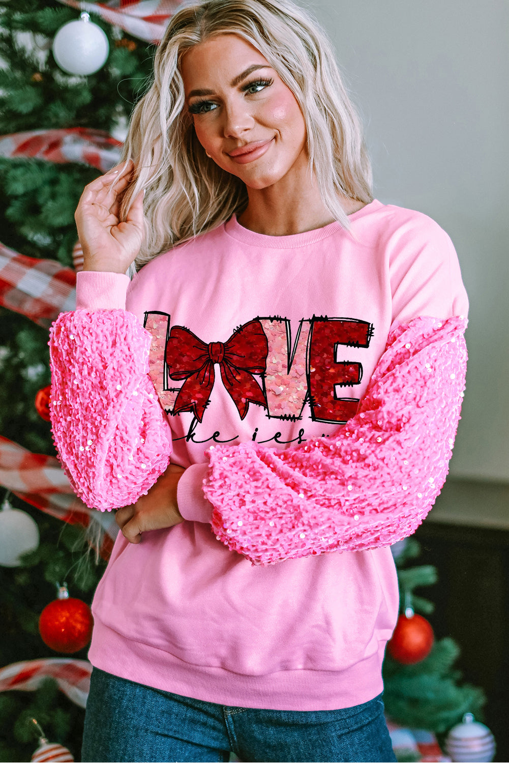 Valentine's Day Pink LOVE Sequin Pullover with Bow Patchwork Sleeves