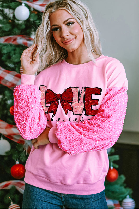 Valentine's Day Pink LOVE Sequin Pullover with Bow Patchwork Sleeves