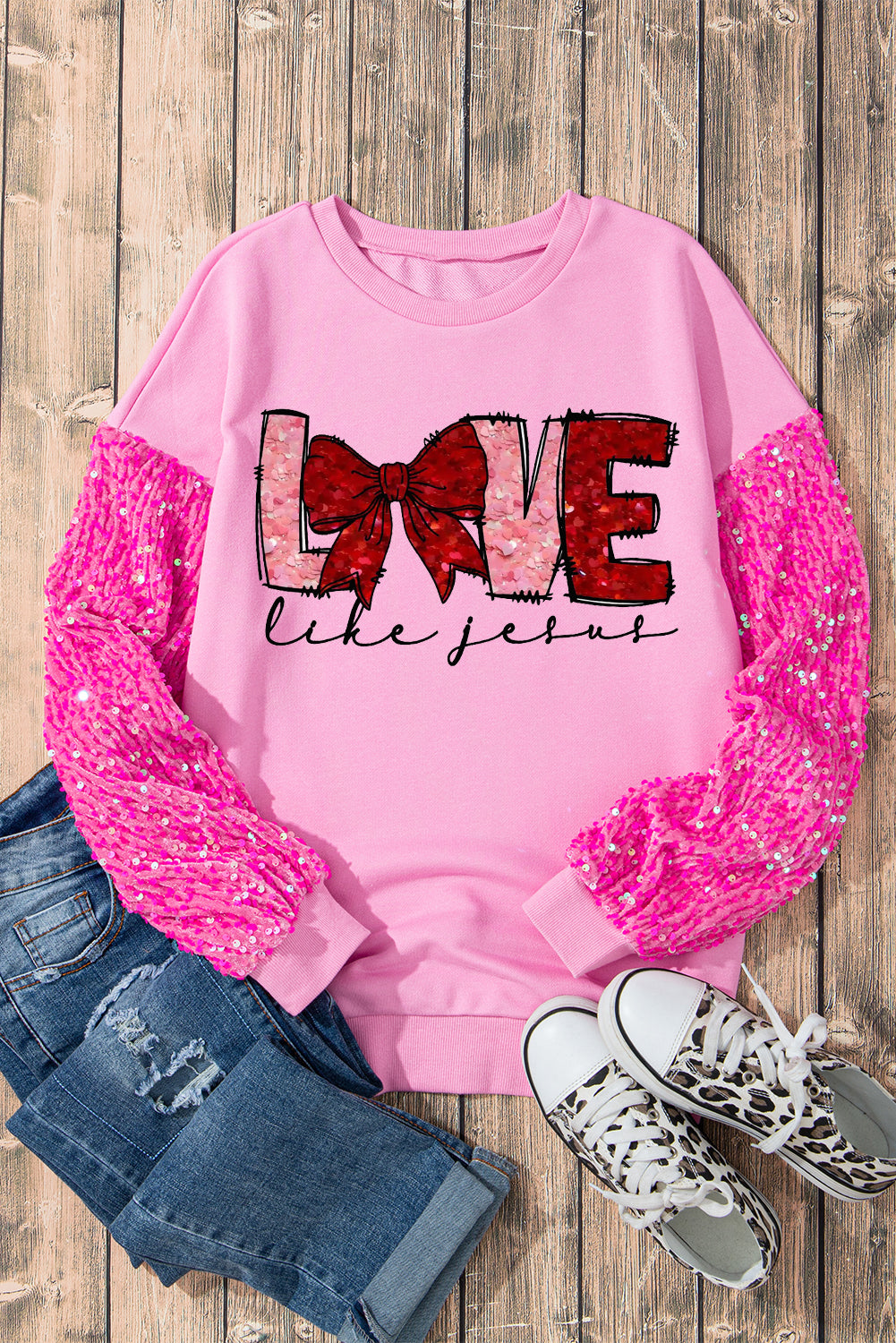 Valentine's Day Pink LOVE Sequin Pullover with Bow Patchwork Sleeves