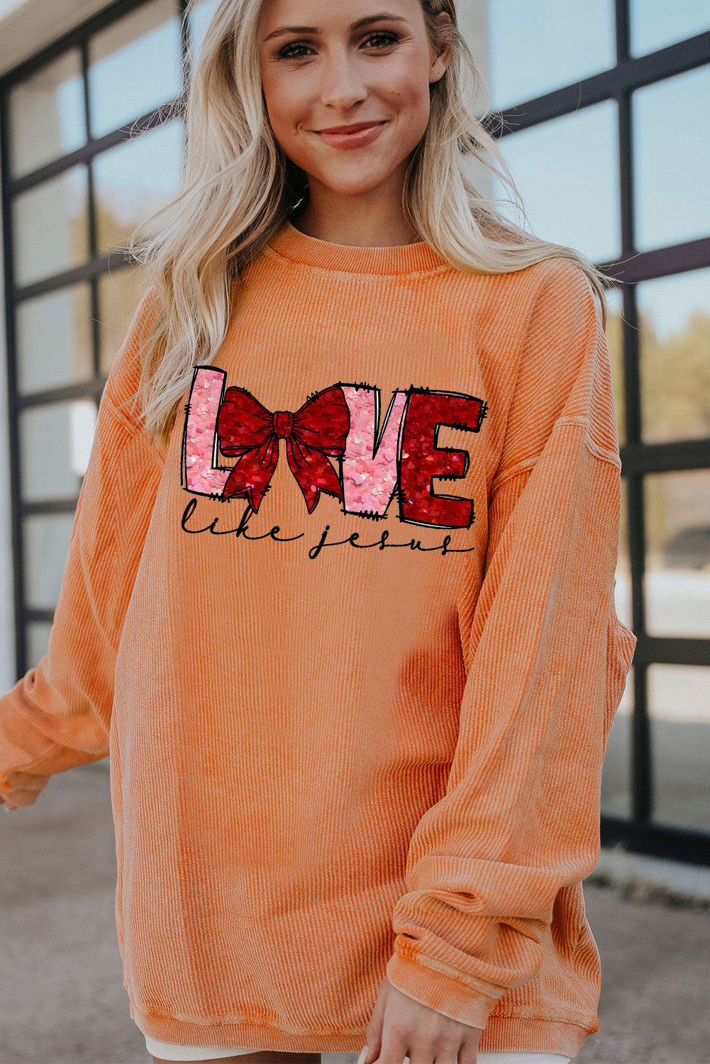 Valentine's Day LOVE Bow Oversized Ribbed Corduroy Sweatshirt