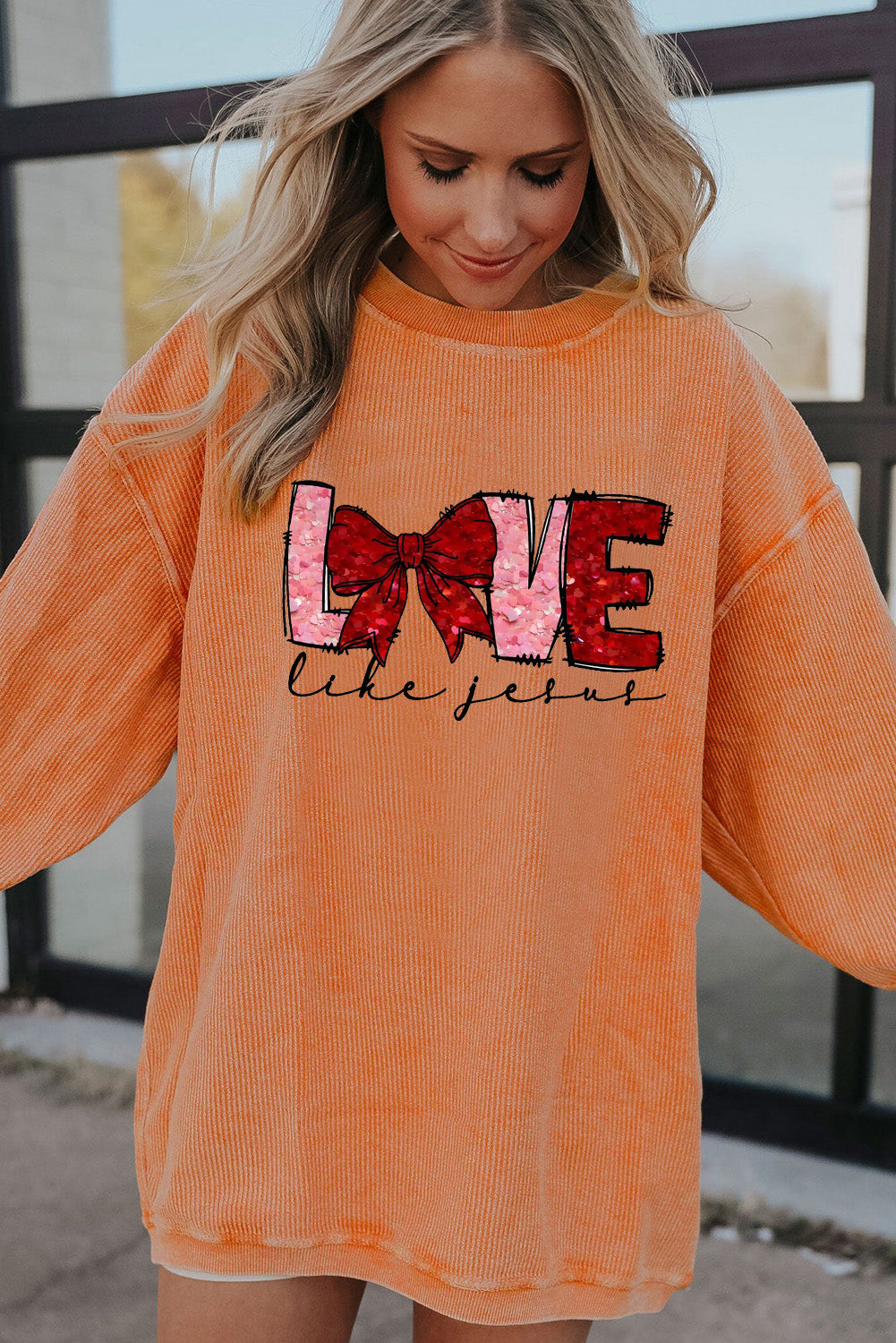 Valentine's Day LOVE Bow Oversized Ribbed Corduroy Sweatshirt