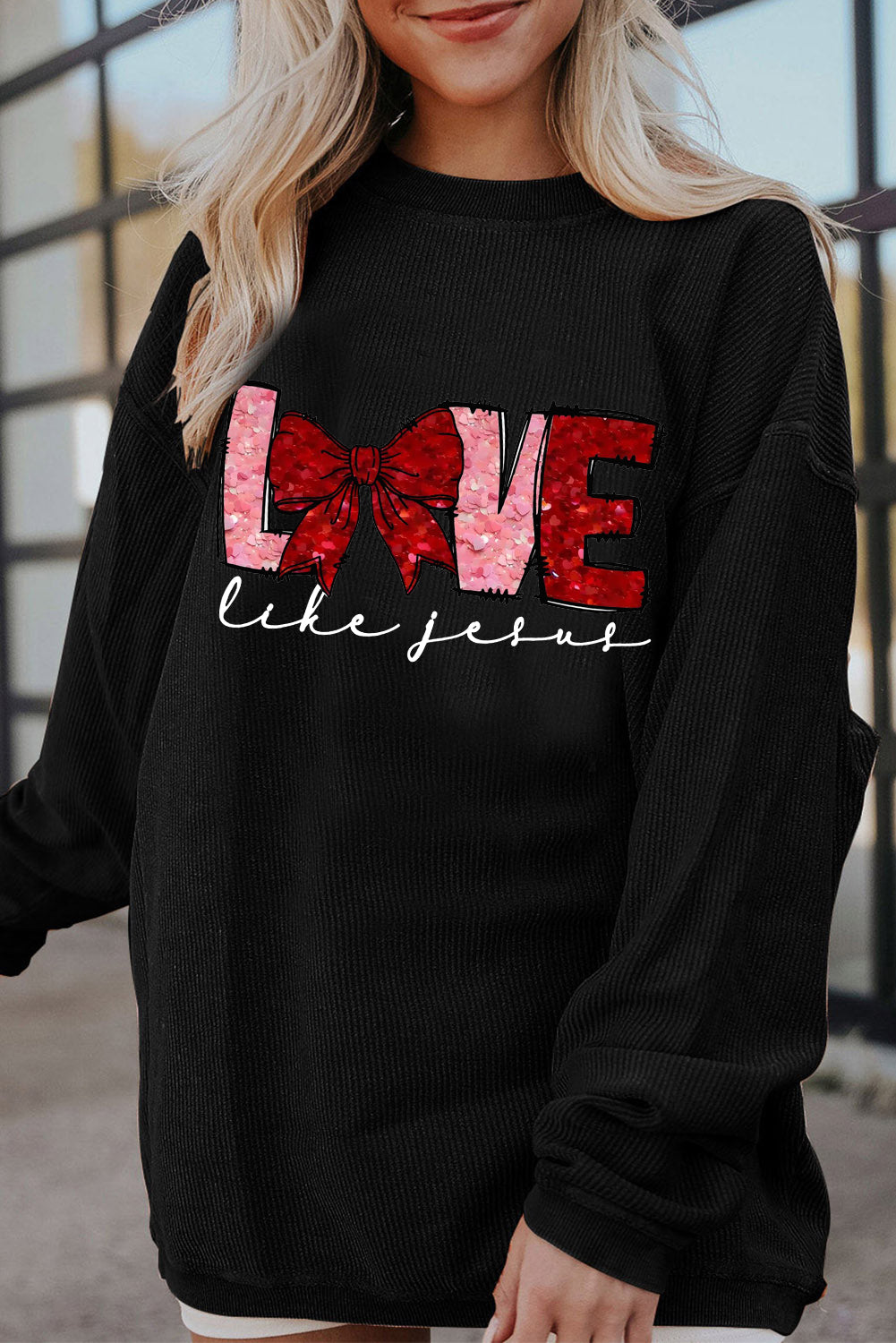 Valentine's Day LOVE Bow Oversized Ribbed Corduroy Sweatshirt