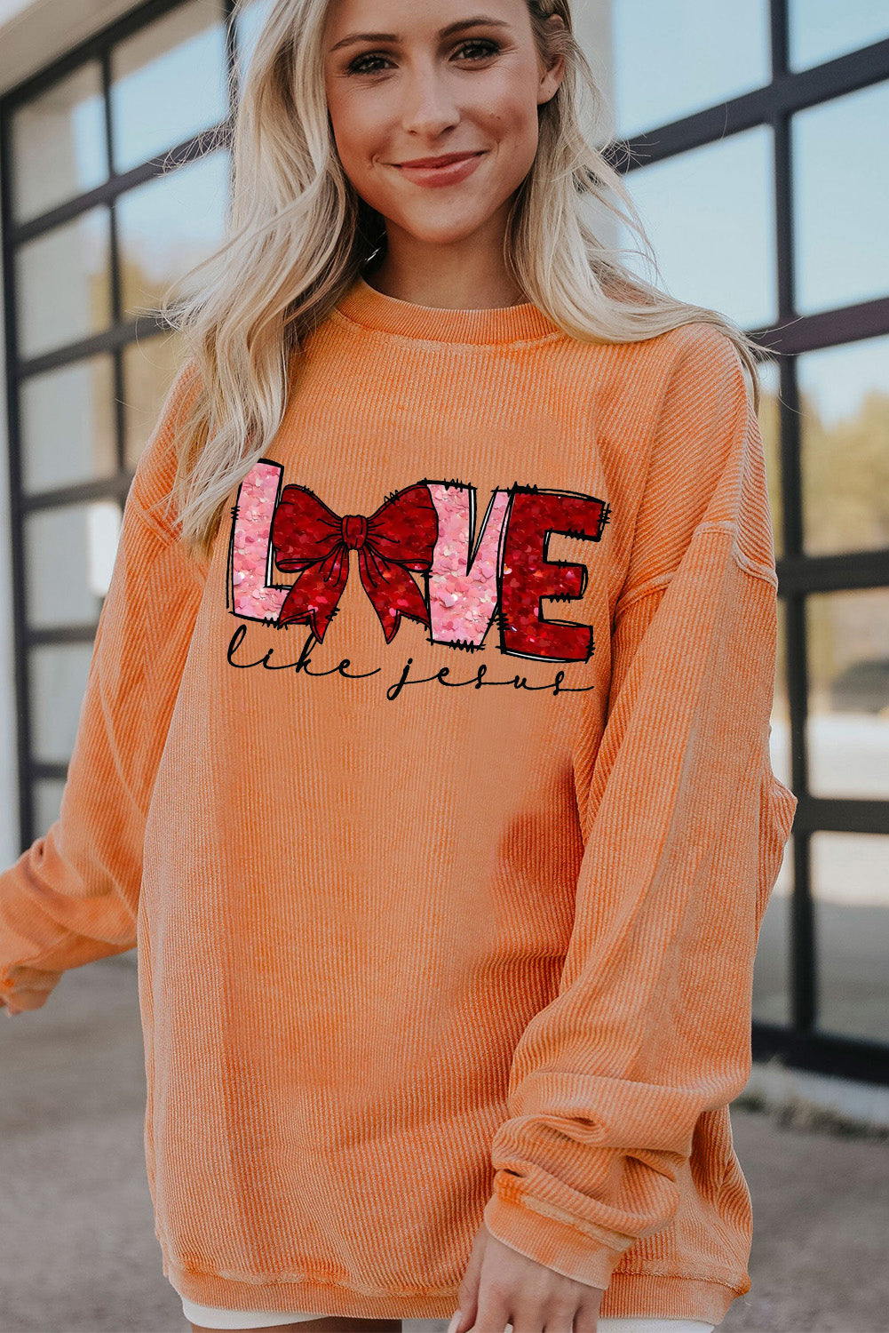 Valentine's Day LOVE Bow Oversized Ribbed Corduroy Sweatshirt