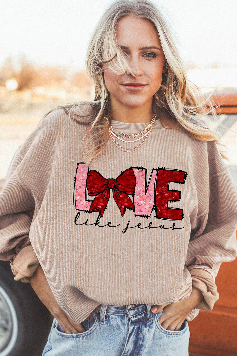 Valentine's Day LOVE Bow Oversized Ribbed Corduroy Sweatshirt