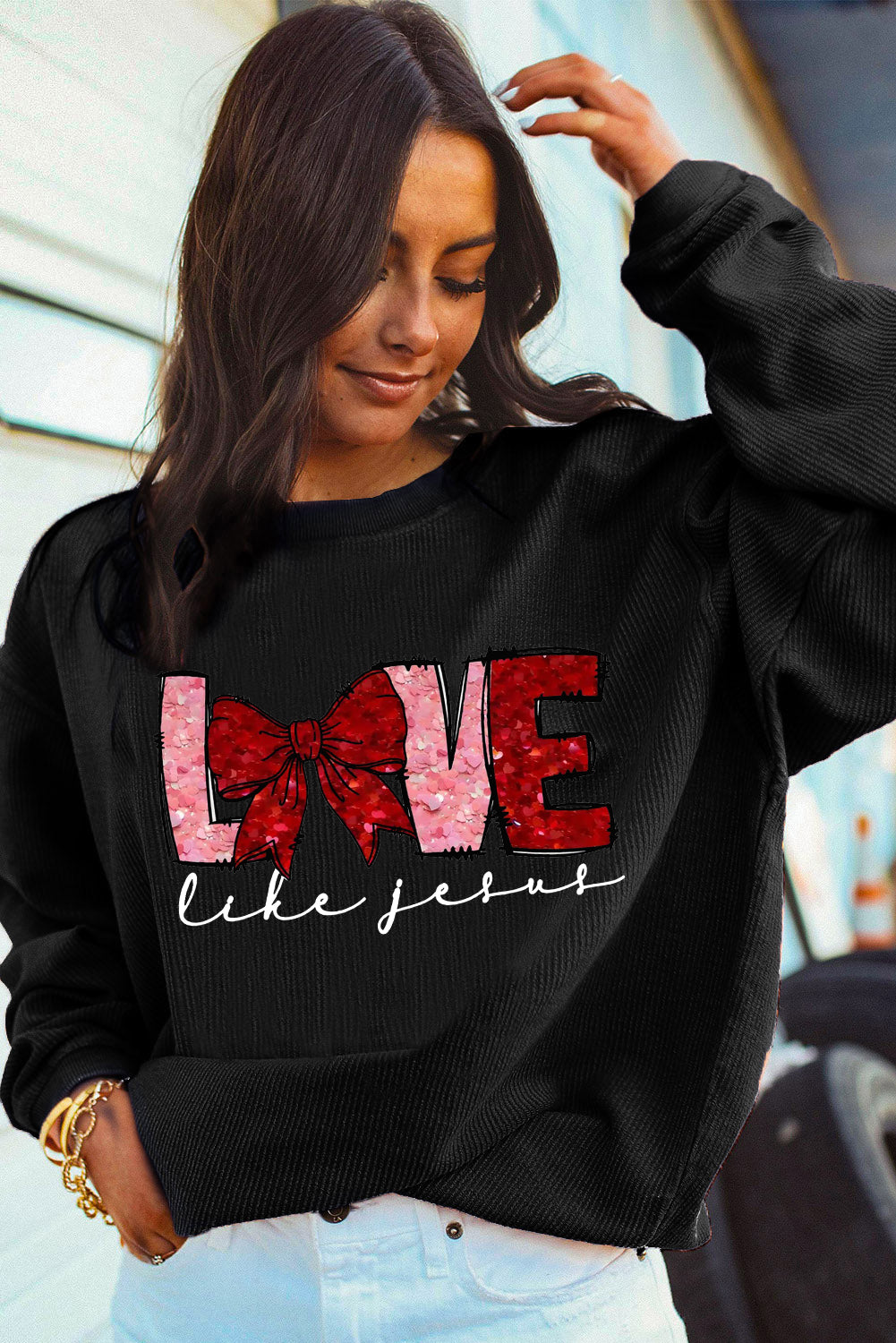 Valentine's Day LOVE Bow Oversized Ribbed Corduroy Sweatshirt