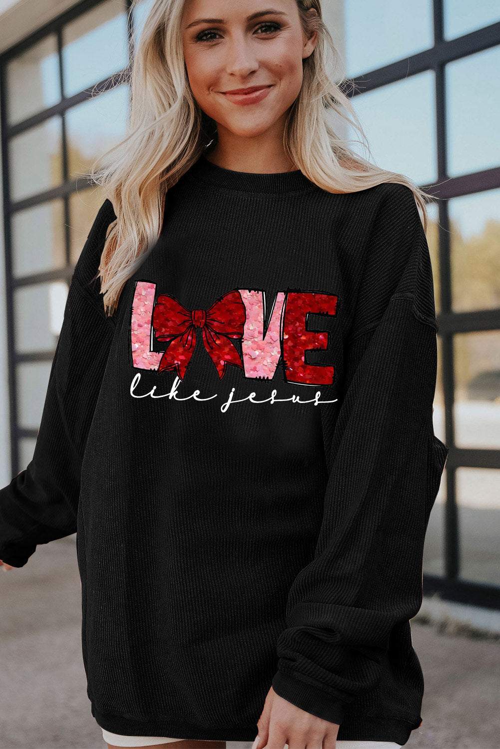 Valentine's Day LOVE Bow Oversized Ribbed Corduroy Sweatshirt