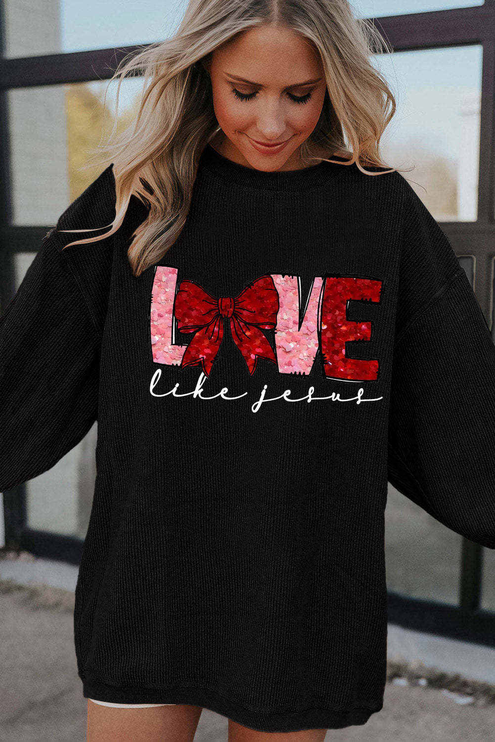 Valentine's Day LOVE Bow Oversized Ribbed Corduroy Sweatshirt