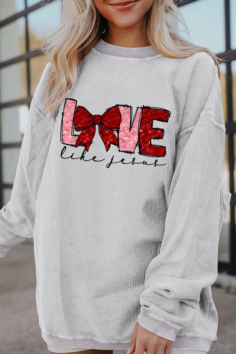 Valentine's Day LOVE Bow Oversized Ribbed Corduroy Sweatshirt