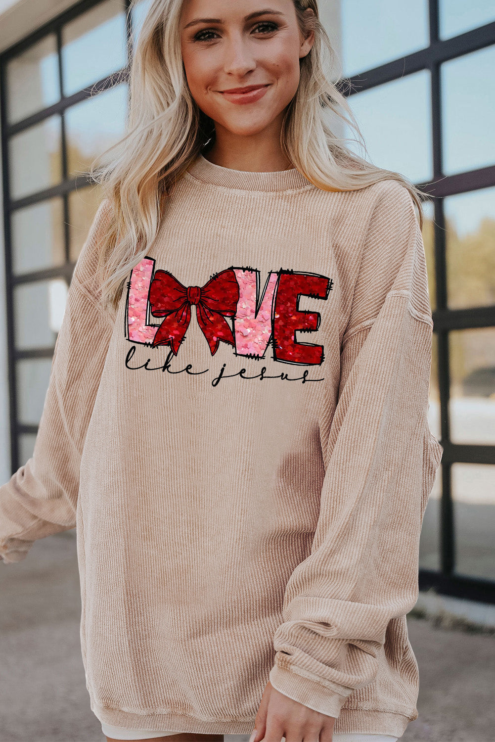 Valentine's Day LOVE Bow Oversized Ribbed Corduroy Sweatshirt