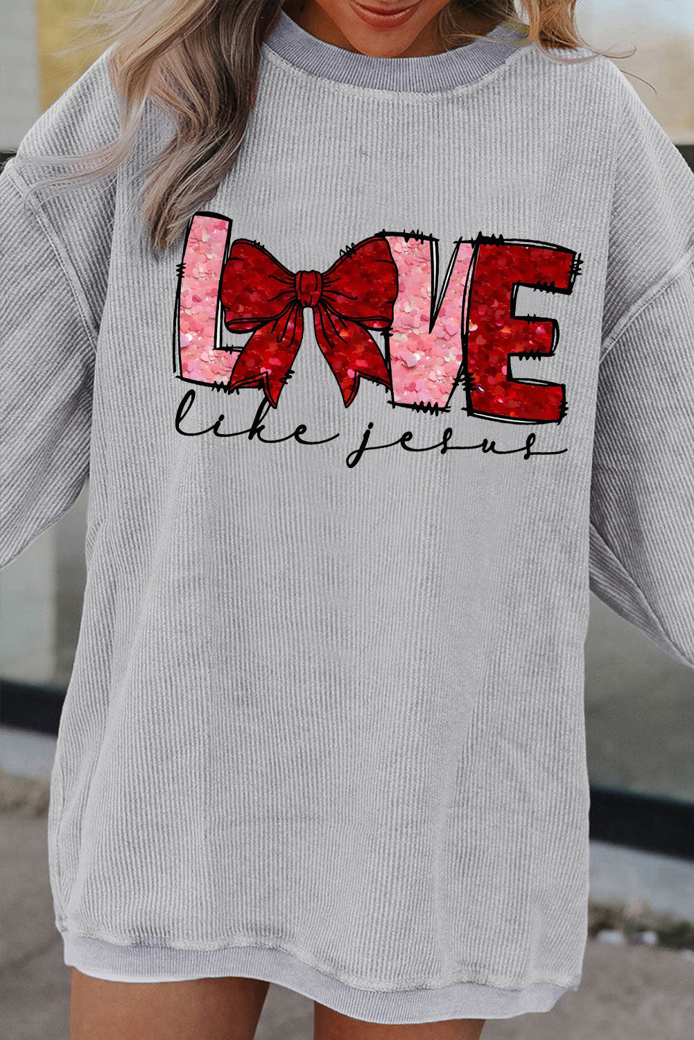 Valentine's Day LOVE Bow Oversized Ribbed Corduroy Sweatshirt